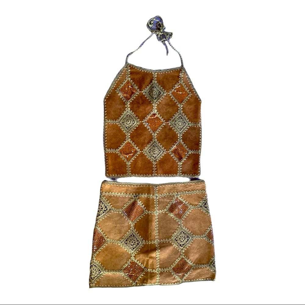 Vintage 2 pc Brown Leather Set Top/Skirt